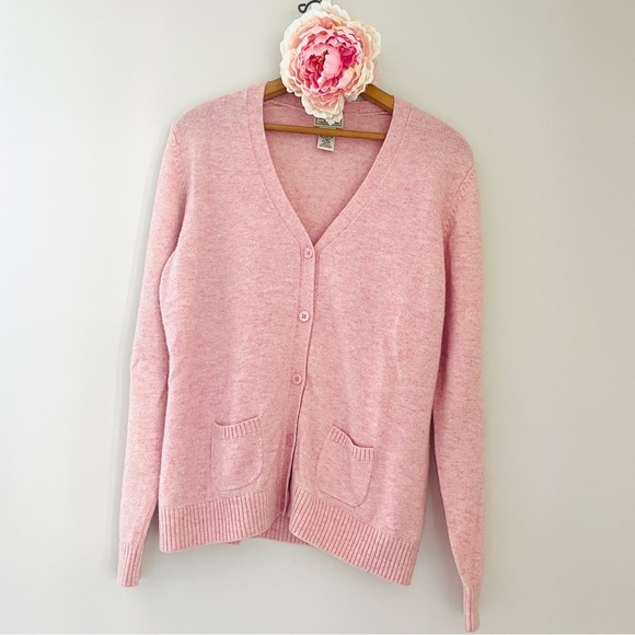 Vintage L. L. Bean Pink Lambswool Blend Knit Cardigan Sweater Large - Picture 1 of 6